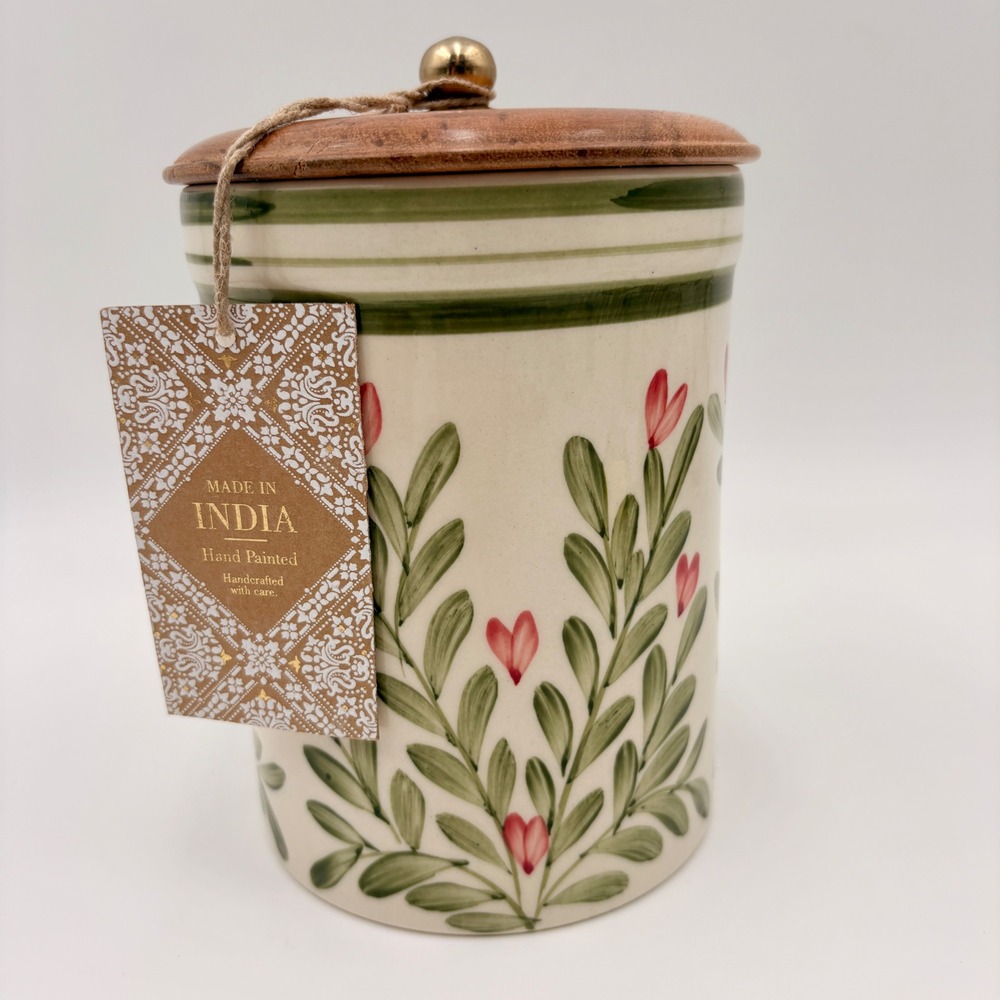 Hand Painted Ceramic Kitchen Canister Wood Lid Floral Heart Design Made in India